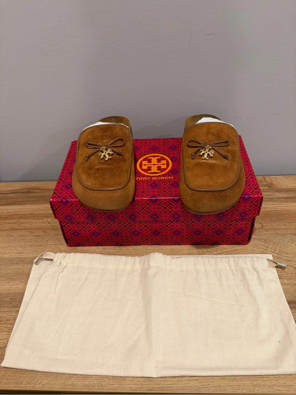 Tory Burch Suede Loafers in Cognac with Gold Logo